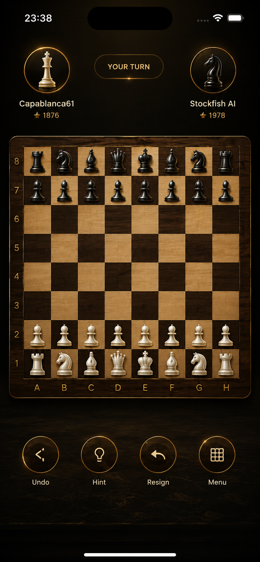 Chess Master gameplay board with wooden pieces and player ratings