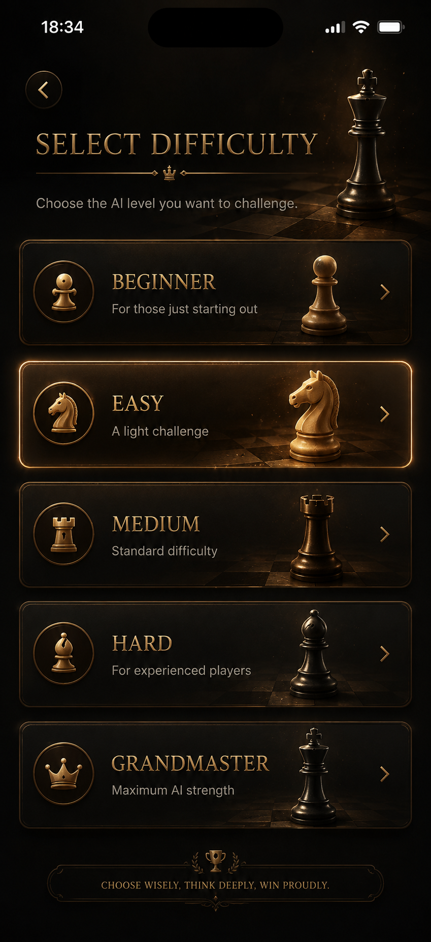 Select difficulty screen from Beginner to Grandmaster in Chess Master