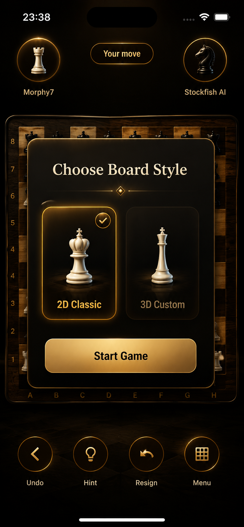 Choose board style dialog with 2D Classic and 3D Custom options