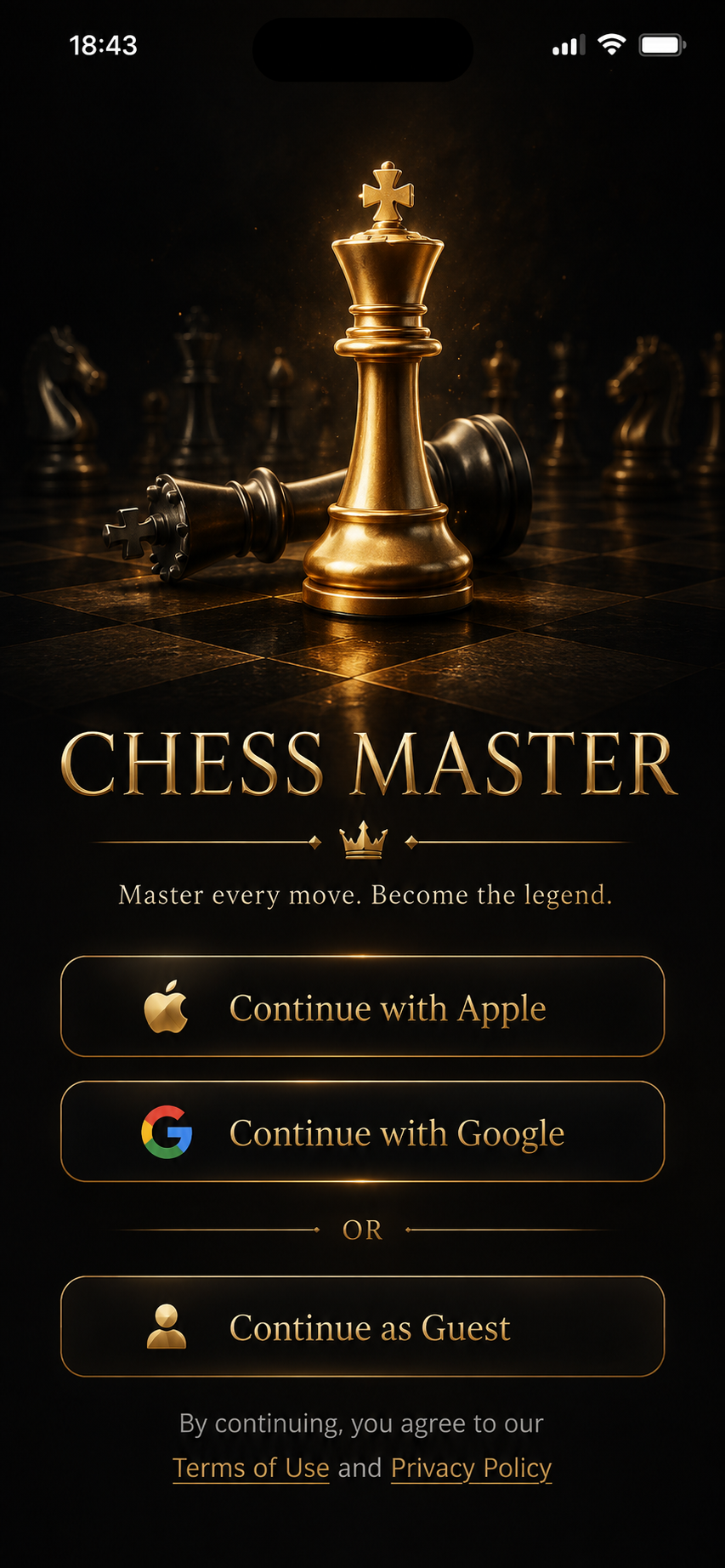 Chess Master sign-in screen with Apple, Google and guest options
