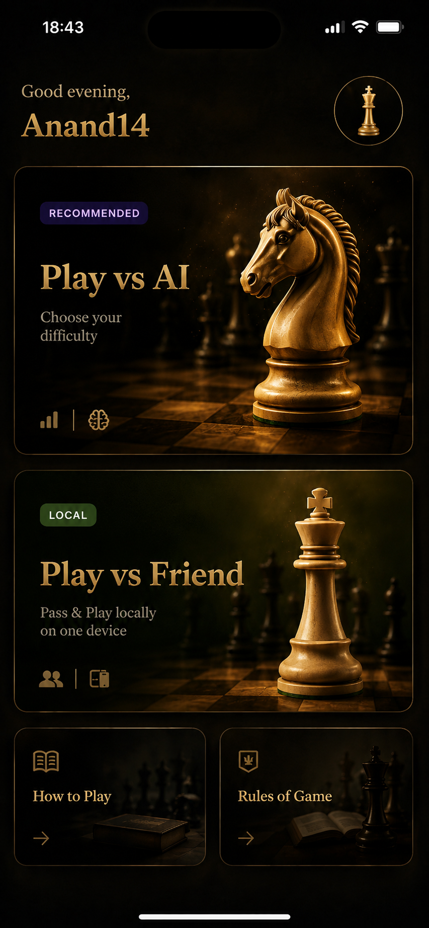 Chess Master home screen with Play vs AI and Play vs Friend modes