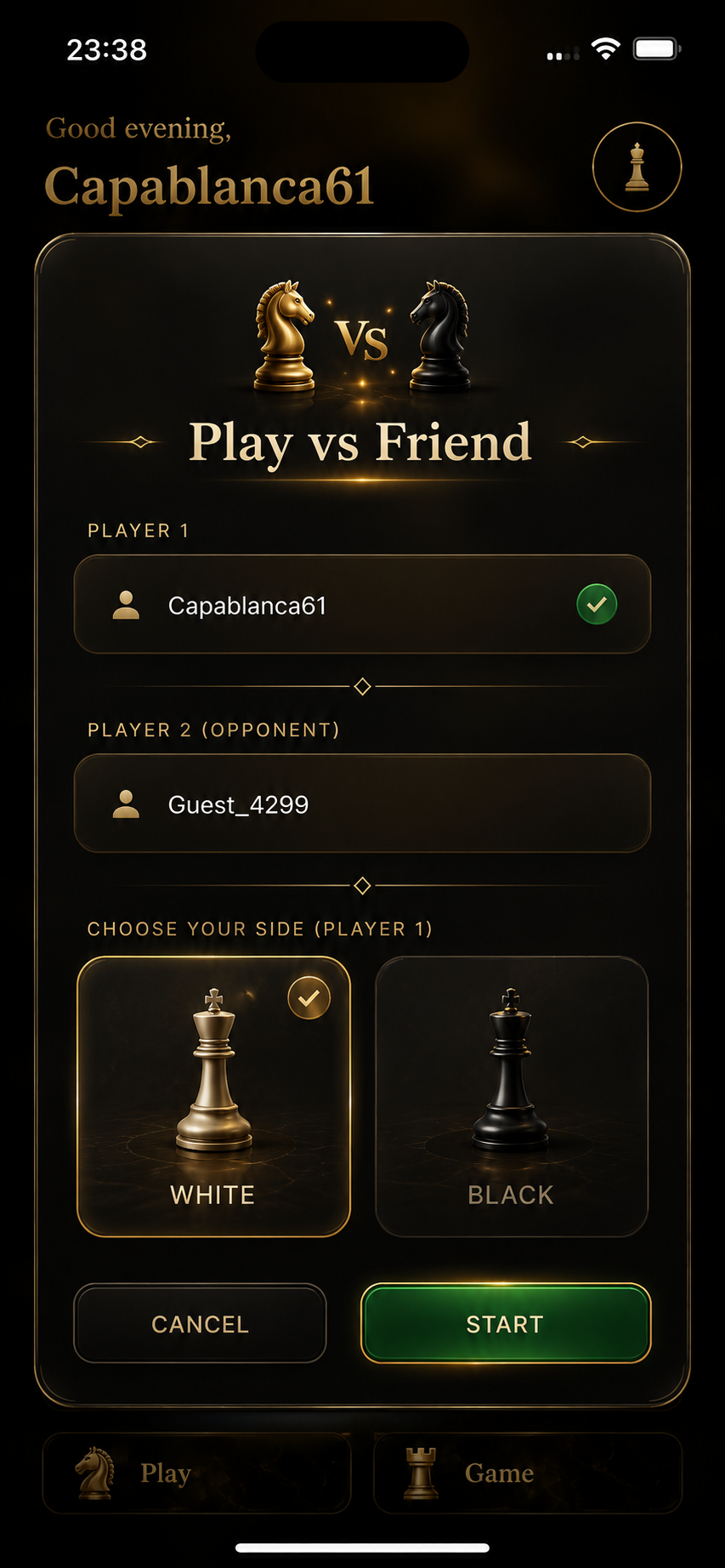Play vs Friend setup screen choosing white or black side
